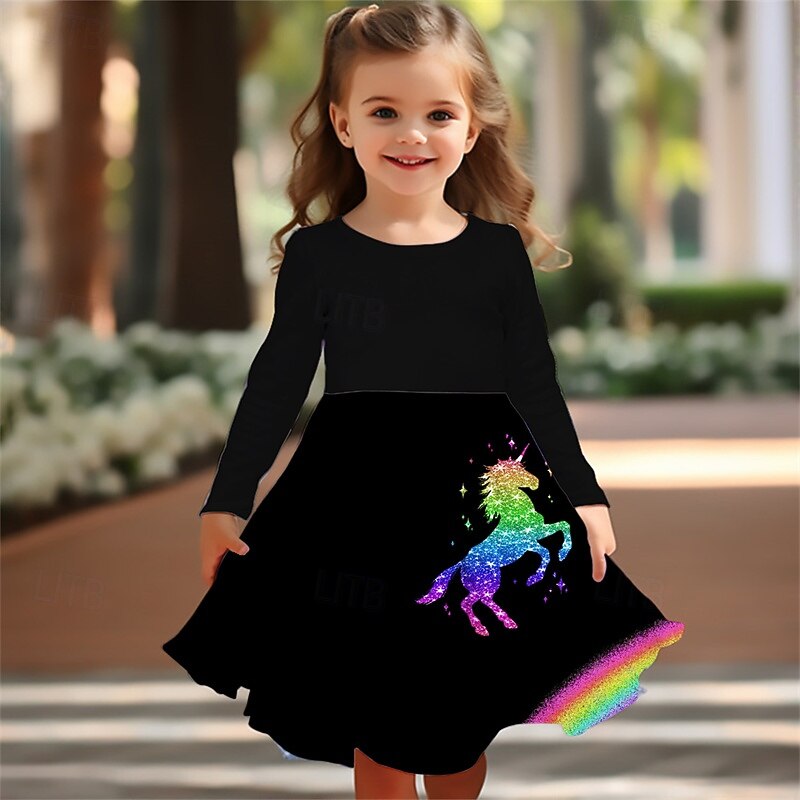 Girls' 3D Rainbow Unicorn Dress Long Sleeve Summer Spring Vacation Daily Holiday Princess Beautiful Sweet Kids 4-12 Years Casual Dress A Line Dress Knee-length Regular Fit3