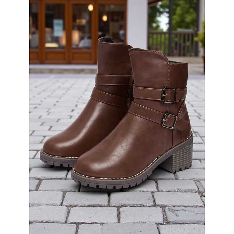 Women's Brown Chunky Heel Ankle Boots - Faux Leather Zip-Up Booties with Double Buckle Straps for Fall Outfits,Walking and Everyday Casual Wear4