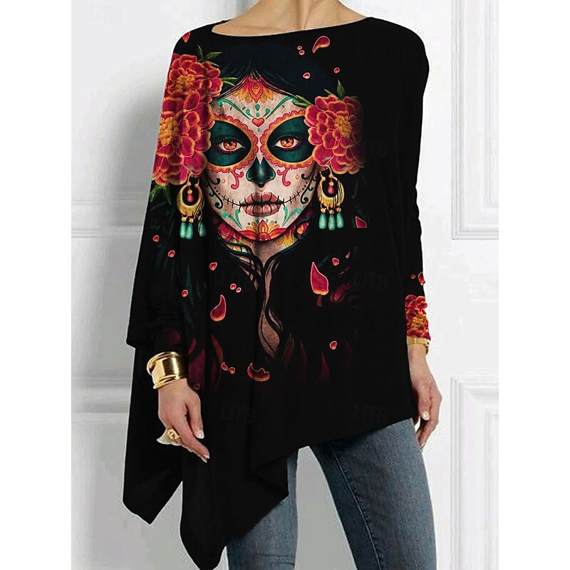Halloween Women's T Shirt Skulls Long Sleeve Graphic Vintage Stylish Classic Long Sleeve Crew Neck Regular Tops Daily Weekend Print Asymmetrical Red Orange Spring Fall Prefall