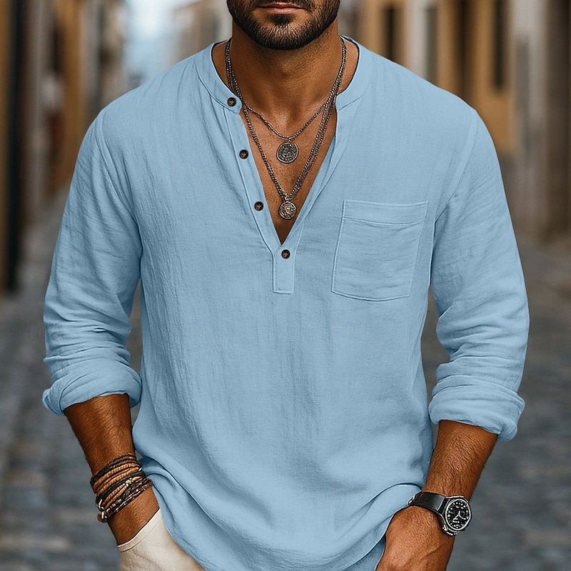 Men's Shirt Linen Shirt Popover Shirt Plain Vacation Casual Black White Navy Blue Blue Long Sleeve Collar Summer Spring Clothing Apparel Pocket