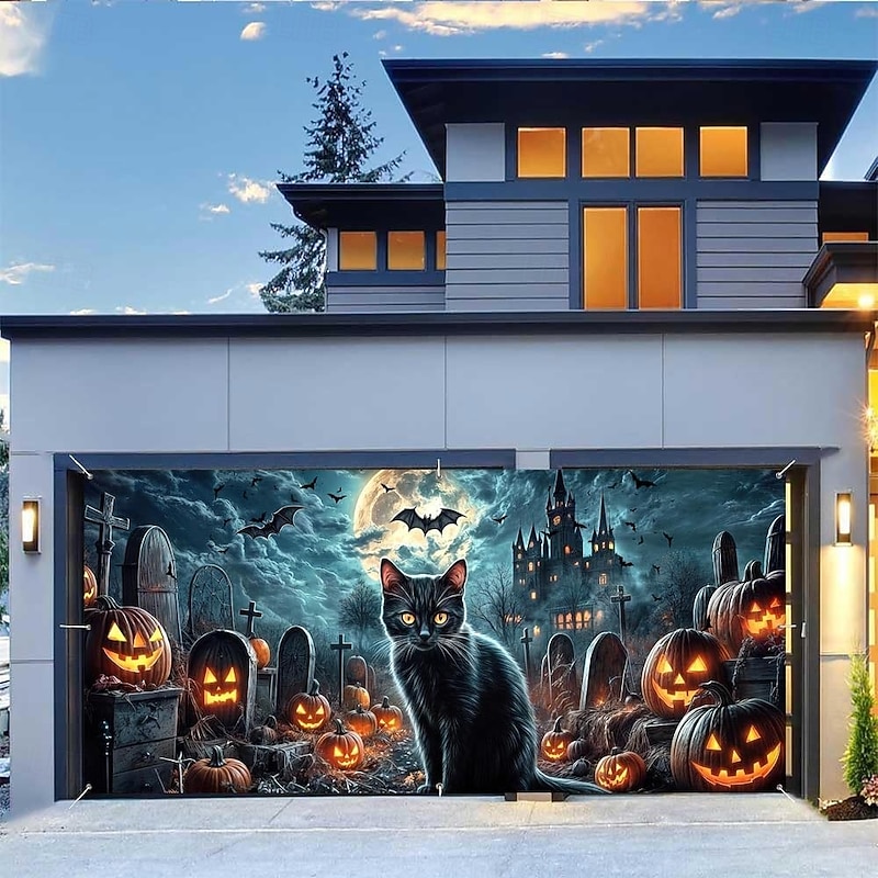 Halloween Tapestry Garage Door Cover Large Hanging Backdrop Cat Cemetery Dark Punk Gothic Style Party Outdoor Shooting Backgrounds Yard Haunted House Home Decor4