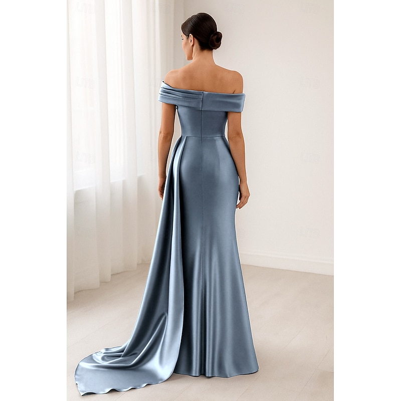 A-line Evening Gown Stretch Satin Elegant Dress Semi Formal Wedding Sweep / Brush Train Sleeveless Off Shoulder Satin with Pleats2