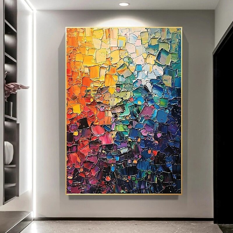 Handmade colorful textured Oil Painting Thick Impasto Brushstrokes Colorful Abstract Art Vibrant Gradient Orange Red Blue Purple Mosaic Blocks Contemporary art Wall Decor Living Room Stylish Home4