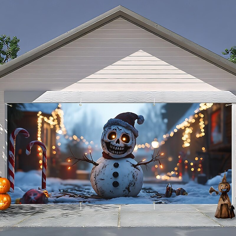 Halloween Tapestry Garage Door Cover Large Hanging Backdrop Zombies Snowman Dark Punk Gothic Style Party Outdoor Shooting Backgrounds Yard Haunted House Home Decor