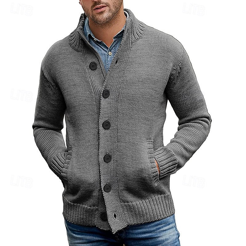 Men's Cardigan Sweater Cropped  Sweater Knit Sweater Ribbed Knit Regular Tops Button Up Pocket Plain Stand Collar Fashion Classic Vacation Daily Wear Clothing Apparel Fall Winter Black Dark Blue M L2