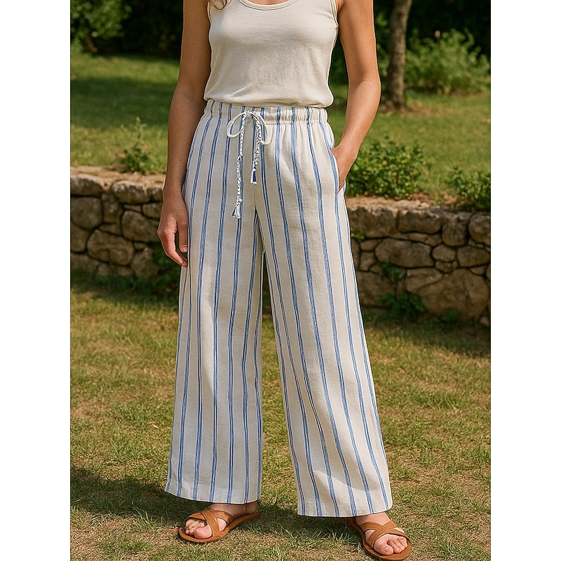 Women's Cotton Linen Pants Culottes Wide Leg Vacation Vintage Ethnic Style Full Length Mid Waist Striped Drawstring Pocket Elastic Waist Comfy Breathability Soft Inelastic Vacation Home Street Blue