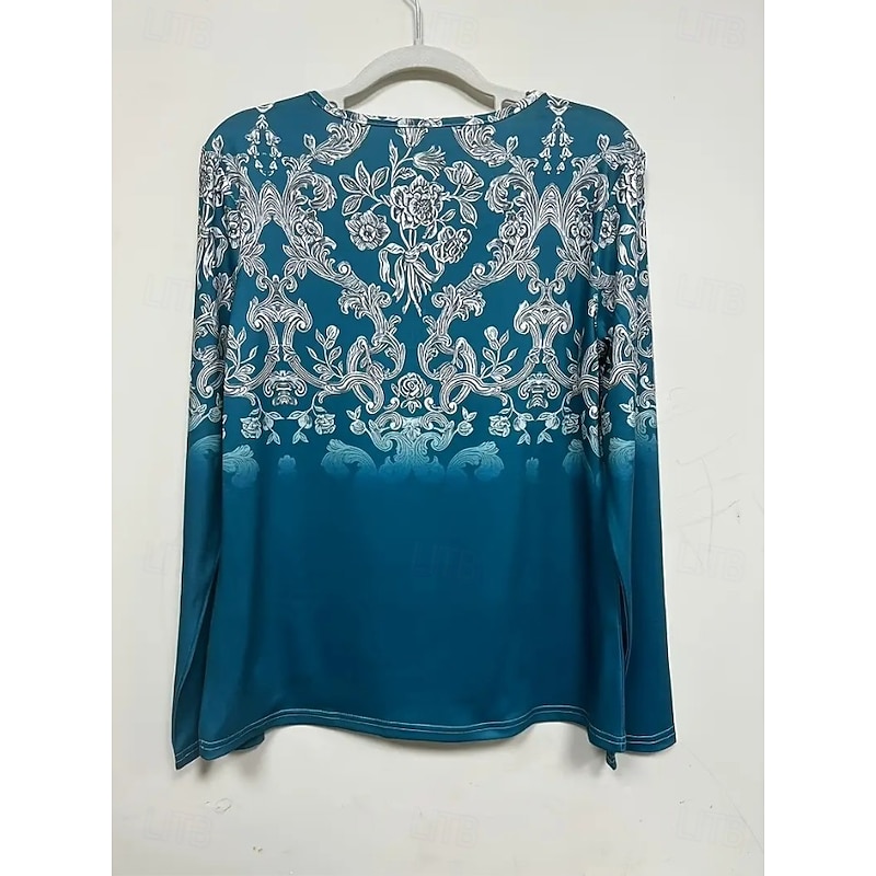 Women's T Shirt Graphic Plants Tribal Vintage Stylish Casual Long Sleeve V Neck Notched Neck Regular Tops Daily Weekend Print Blue Purple Spring Fall Winter4