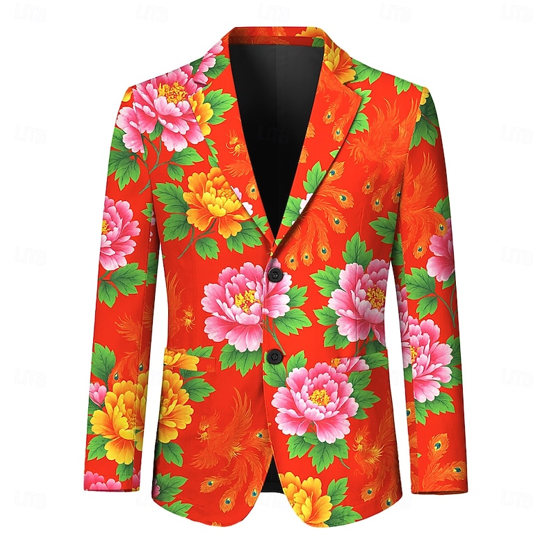 Men's Blazer Jacket Formal Stylish Casual Daily All Seasons 100% Polyester Weaving Floral 3D Print Buttons Comfortable Single Breasted Blazer Red Green