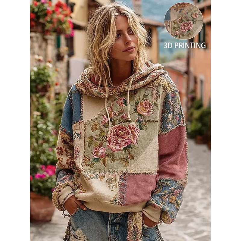 Women's 3D Print Vintage Boho Hoodie Patchwork Hoodie Sweatshirt Floral Pullover Sweatshirt Oversized Warm Active Hooded Street Dailywear Patchwork Black White Yellow Dark Pink Spring Fall Winter2