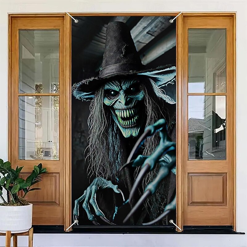Halloween Tapestry Door Cover Outdoor Banners Witch Psychedelic Dark Punk Gothic Style Party Outdoor Shooting Backgrounds Front Door Wall Porch Home Decor3