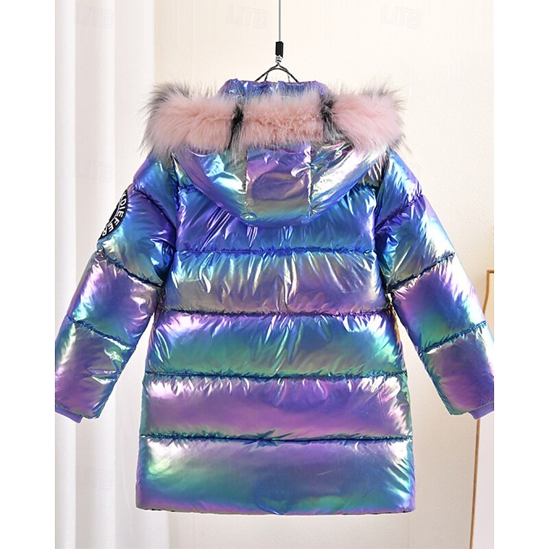 Kids Girls' Down Coat Solid Color Fashion Fur Trim Zipper Pocket School Coat Outerwear 4-12 Years Winter Pink Purple2