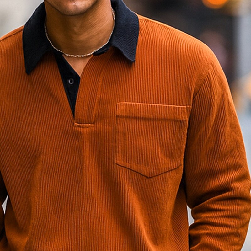 Men's Corduroy Shirt Polo Shirts Casual Sports Lapel Long Sleeve Fashion Basic Color Block Patchwork Buttons Fall Spring &  Fall Regular Fit Black White Light Green Gray Light Blue Dark Red Corduroy3