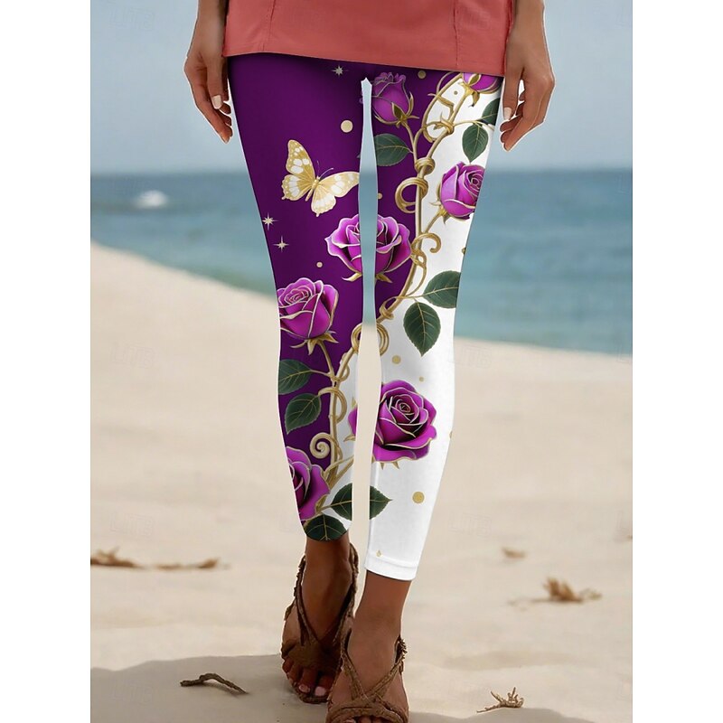 Women's Pants Trousers Leggings Streetwear Casual Full Length High Waist Floral Elastic Waist Print Breathability Comfortable Stretchy Vacation Street Daily Wear Navy Blue Blue Purple Fuchsia Summer