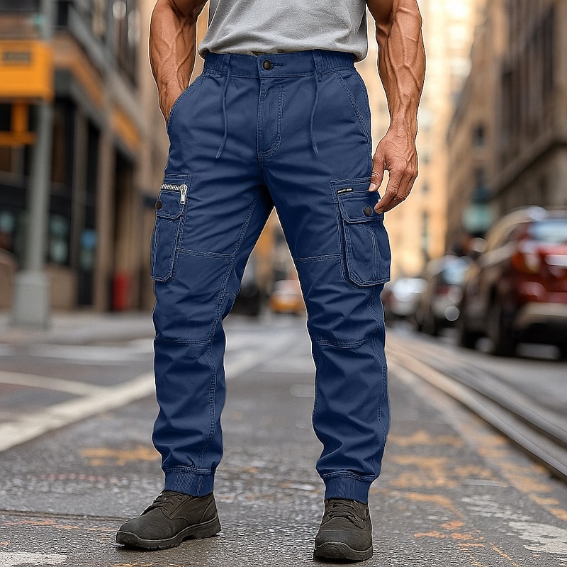 Men's Cargo Pants Cargo Trousers Trousers Drawstring Elastic Waist Multi Pocket Plain Outdoor Breathable Full Length Outdoor Casual Daily Vacation Ethnic Style Wine Royal Blue Inelastic3