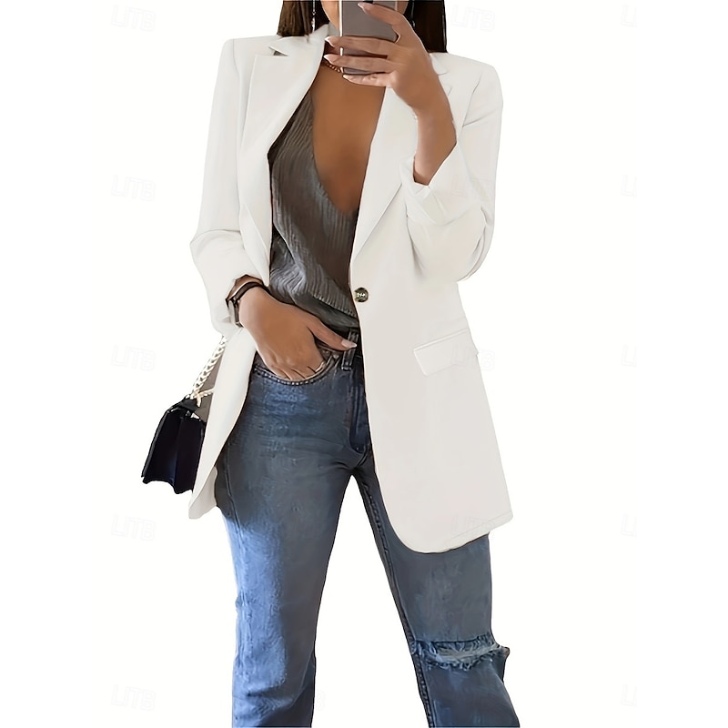 Women's Blazer Comfortable Breathable Pocket Fashion Casual Plain Office Street Casual Daily Wear Single Breasted Regular Turndown Regular Fit Long Sleeve Outerwear Black White Red Summer Spring2