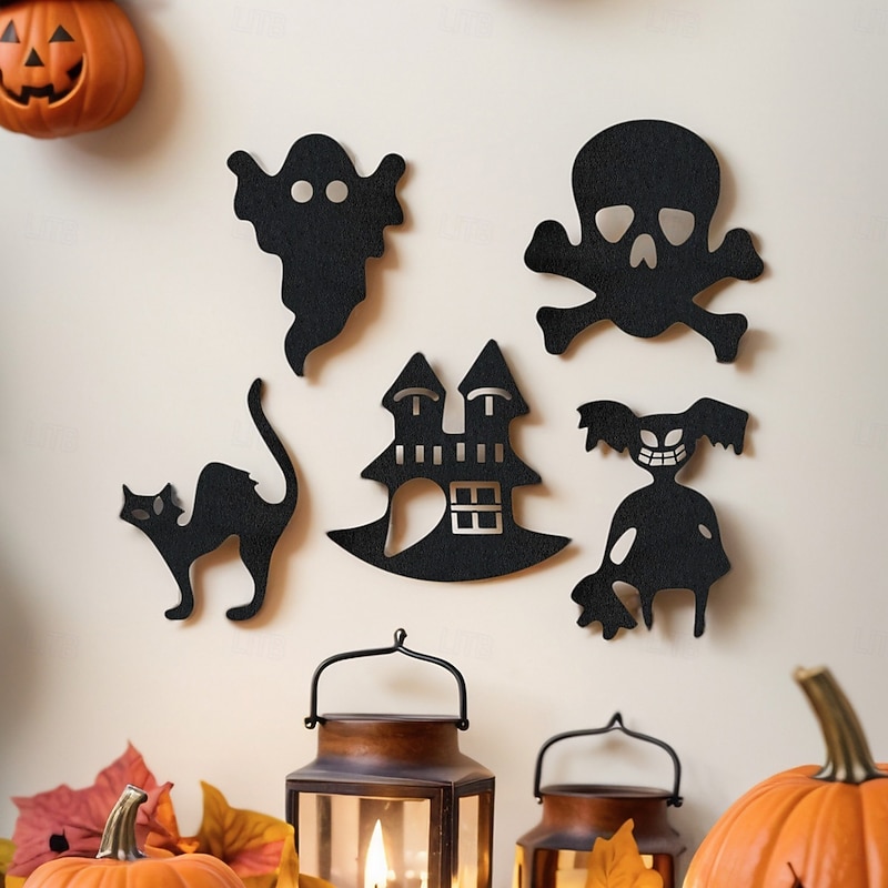 5PCS Non-woven Fabric Halloween Wall Decoration Hangers Black Cat Castle and Other Elements Festival Decoration Wall Stickers Suitable for Theme Party Decoration Home Festival Decoration Hangers