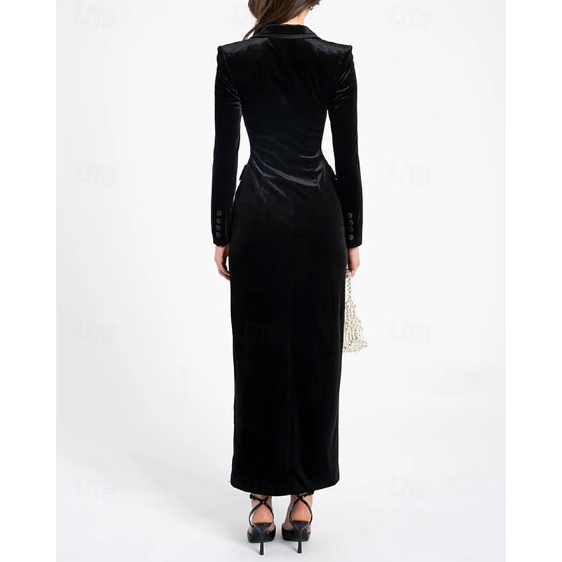 Black Velvet Tuxedo Dress Sheath / Column Formal Wedding Guest Velvet Elegant Long Sleeve Ankle Length Notched Lapels4