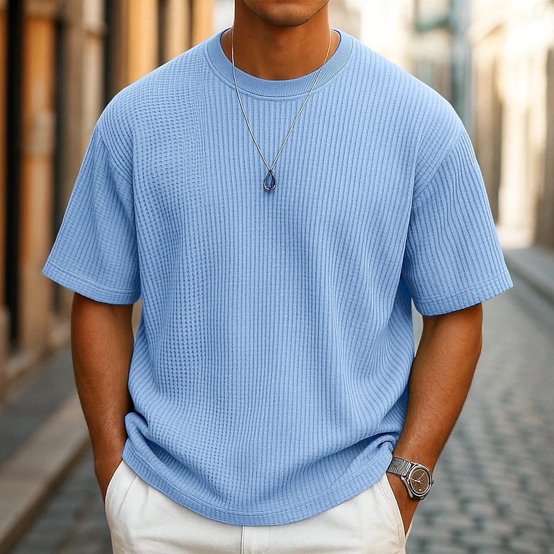 Men's Waffle T-shirt Tee Top Short Sleeve Crew Neck Summer All Seasons Solid Color Textured Fashion Designer Casual Knitted Outdoor Casual Daily Light Green Navy Blue Blue Top Tee for Men - Main Image