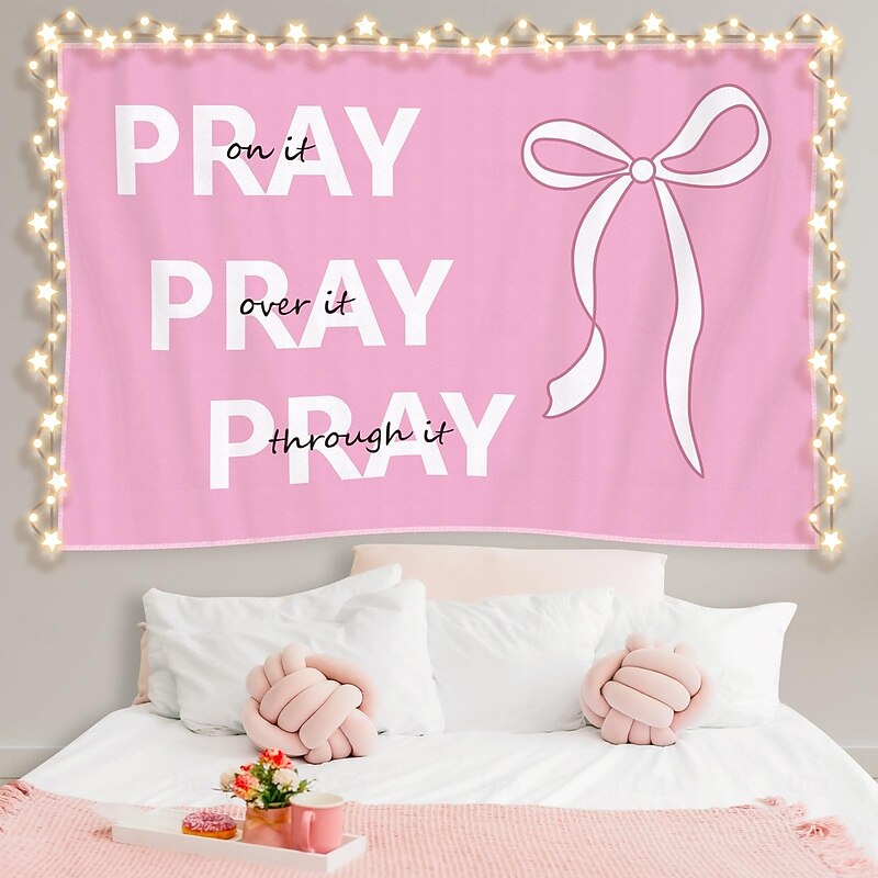 Coquette Pink Bow Christian Tapestry Pink Inspirational Preppy Tapestry Wall Decor Christian Gifts Pray over It Pray on It Bible Verse for Women College Room Dorm Apartment, 60x40 Inch