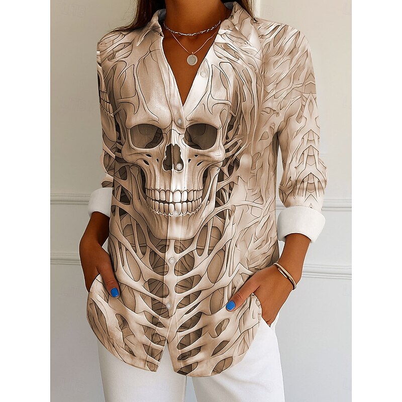 Halloween Women's Shirt Graphic Skull Elegant Vintage Tropical Long Sleeve Bishop Sleeve Shirt Collar Regular Tops Daily Holiday Print White Blue Purple Khaki Spring Fall Winter3
