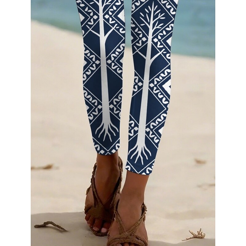 Women's Pants Trousers Leggings Ethnic Style Casual Full Length High Waist Geometric Elastic Waist Print Breathability Comfortable Stretchy Vacation Street Daily Wear Blue Summer Spring Fall Regular3