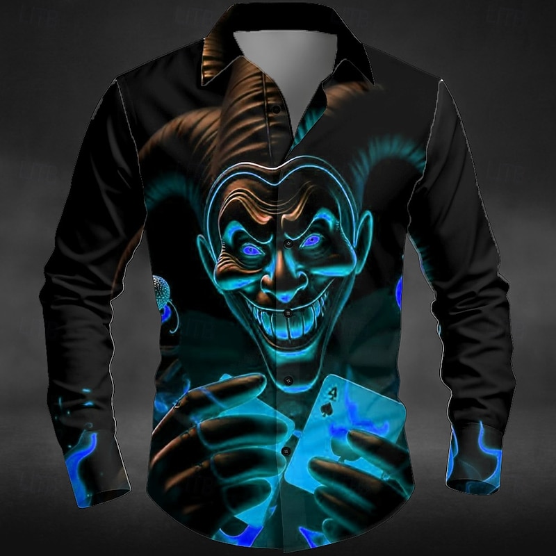 Halloween Men's Neon Glow Halloween Costumes Demon Shirt Button Up Shirt Long Sleeve Dark Punk Gothic Style Outdoor Holiday Summer Spring Turndown 3D Print Collared Shirts Black Green Black and Blue3