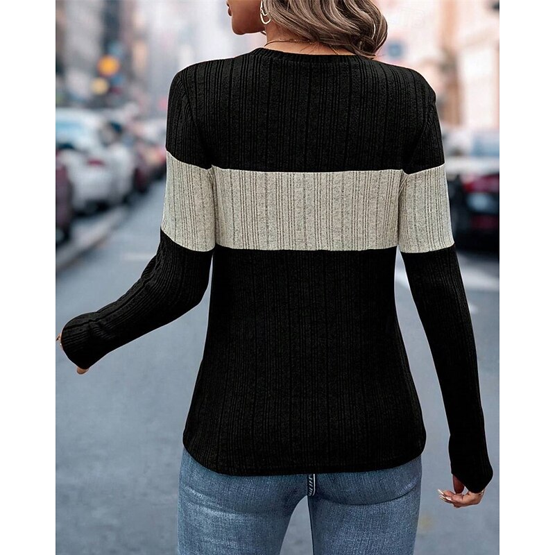 Women's Sweater Pullover Daily Stylish Casual Color Block Ribbed Crew Neck Knitted Long Sleeve Regular Tops Knit Daily Holiday Going out Wine Red Black Fall Winter3