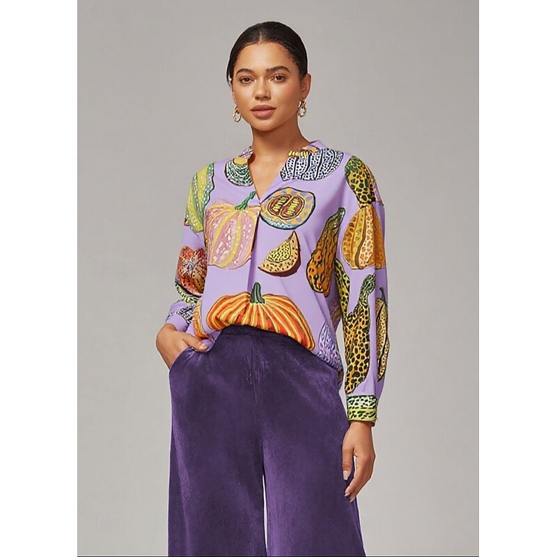 Women's Purple Pumpkin Print Pullover Shirt Loose Fit Drop Shoulder Stand Collar Inverted Pleat Stylish Elegant Daily Work Casual Fall