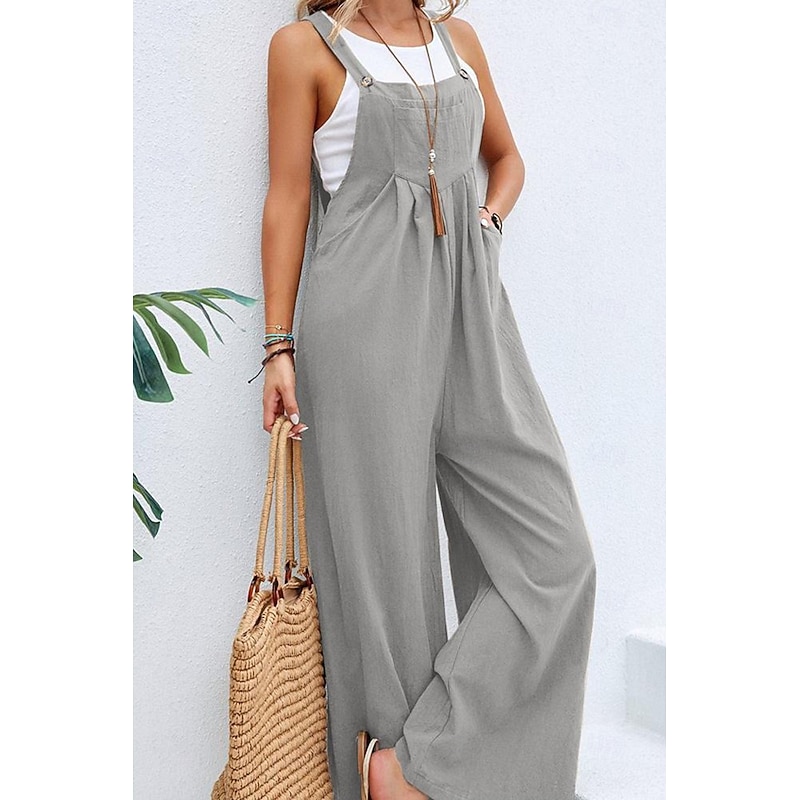 Women's Overall Active Solid Color Sleeveless  Jumpsuit  Wide Leg Square Neck Pocket Buttons Vacation Daily Loose Fit Black Yellow Pink Summer4