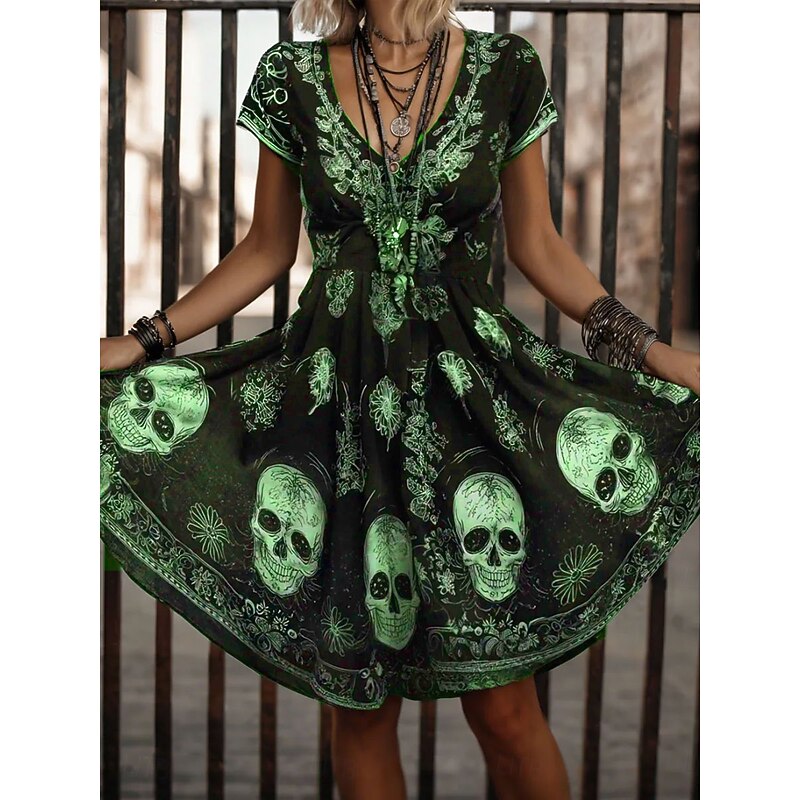 Halloween Women's Skulls Print Mini Dress Casual Dress T Shirt Dress Tee Dress Sundress A Line Dress Vacation Casual Boho Beach  Graphic Skull Short Sleeve V Neck White Pink Blue Purple Spring3