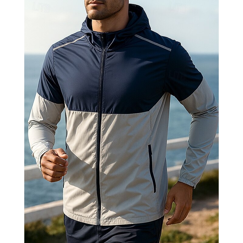 Men's Hooded Jacket Sport Jacket Long Sleeve Top Athleisure Fall Color Block Sun Protection Lightweight Outdoor Travel Sports Sportswear Activewear White Blue Green3