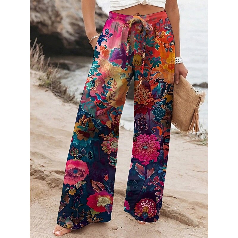 Women's Wide Leg Pants Trousers Vacation Casual Long High Waist Floral Elastic Waist Printing High Cut Breathability Soft Micro-elastic Vacation Street Daily Wear Red Green Spring Fall Regular Fit3