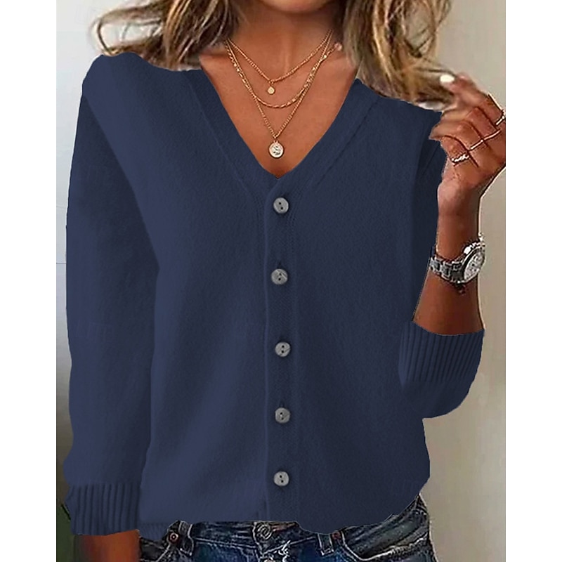 Women's Sweater Cardigan Fashion Streetwear Daily Solid Color Ribbed V Neck Knitted Long Sleeve Regular Tops Knit Holiday Going out Weekend Black White Fall Winter3