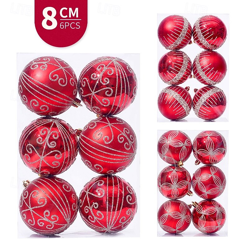 6 pcs Christmas Tree Balls Baubles Ornaments, 8 cm/3.15 inch Xmas Decoration, Painted Hanging Set for Christmas Tree, Window Display Round Balls