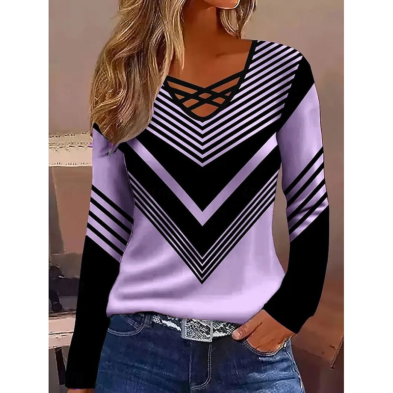 Women's T Shirt Graphic Geometric Vintage Stylish Classic Long Sleeve V Neck Regular Tops Daily Cut Out Print White Pink Blue Purple Green Spring Fall3