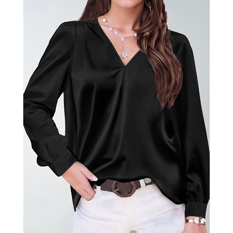 Women's Shirt Blouse Plain Modern Casual Long Sleeve V Neck Regular Tops Daily Holiday Going out Ruched Black White Yellow Pink Wine Fall4