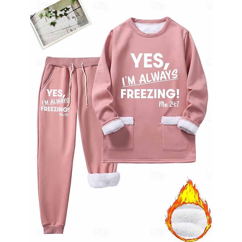 Women's Warm Daily Two Piece Sets Tracksuit Pants Sets Long Sleeve Crew Neck Graphic Letter Drawstring Print Casual Daily Black Dark Pink Blue Fall Regular Fit