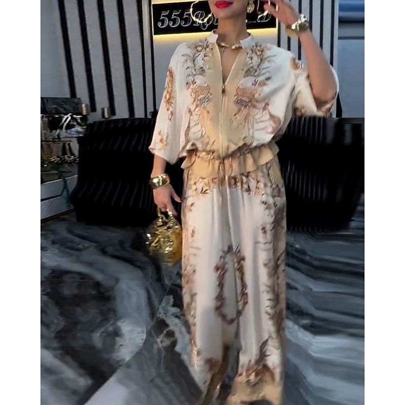 Women's Active Fashion Blouse Pants Sets Long Sleeve Stand Collar Floral Drawstring Print Outdoor Going out Blue Orange Green Fall Regular Fit2