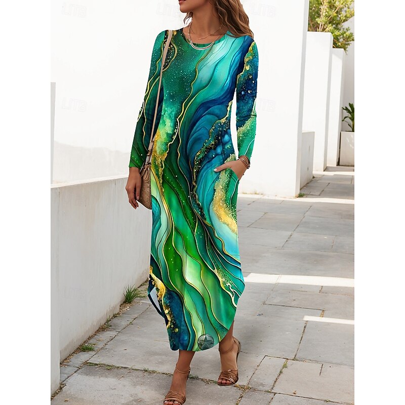 Women's Maxi Dress T Shirt Dress Tee Dress Casual Daily Going out Regular Fit Graphic Geometric Long Sleeve Crew Neck Yellow Blue Purple Green Summer Spring Fall