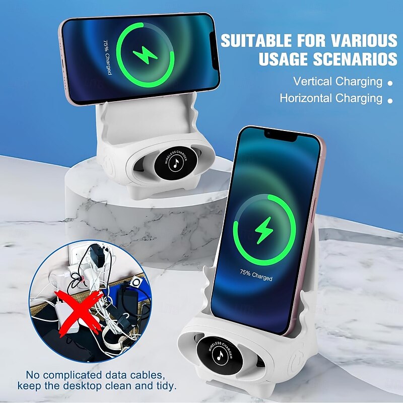 Portable Mini Chair Wireless Charger Phone Holder,Wireless Fast Charger Multifunctional Phone Holder, Multifunctional Wireless Fast Charging Station,3 in 1 Wireless Charger with Speaker Function2