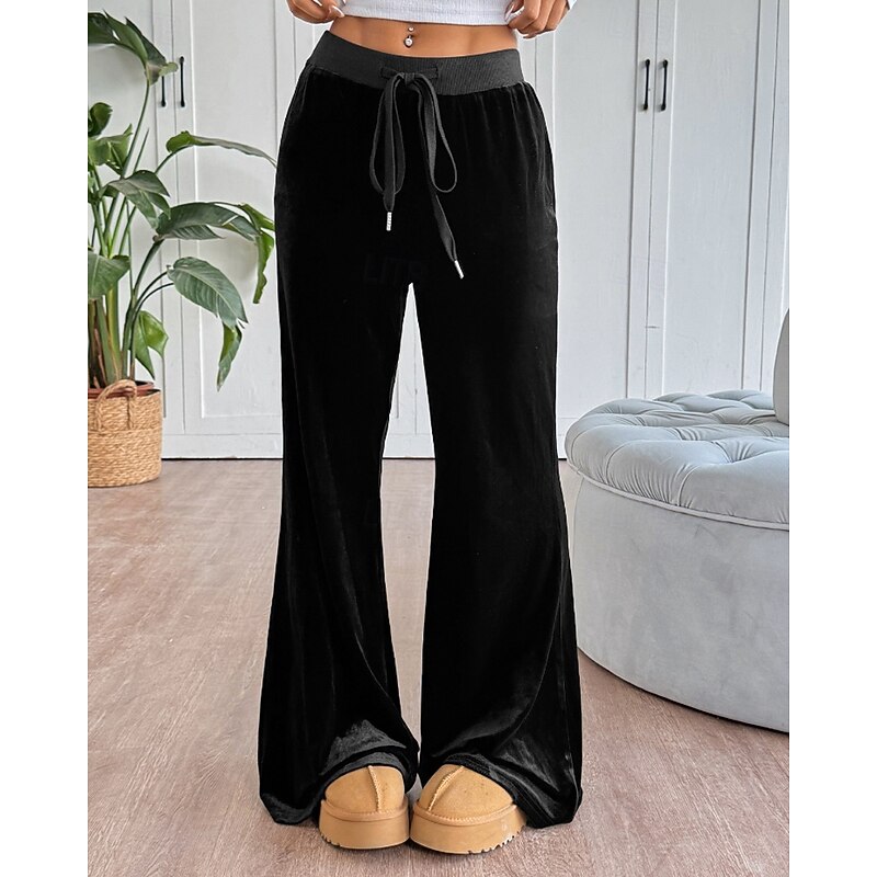 Women's Wide Leg Slacks Streetwear Casual Full Length Natural Plain Elastic Drawstring Design Comfortable Street Holiday Daily Wear Black Fall Regular Fit3
