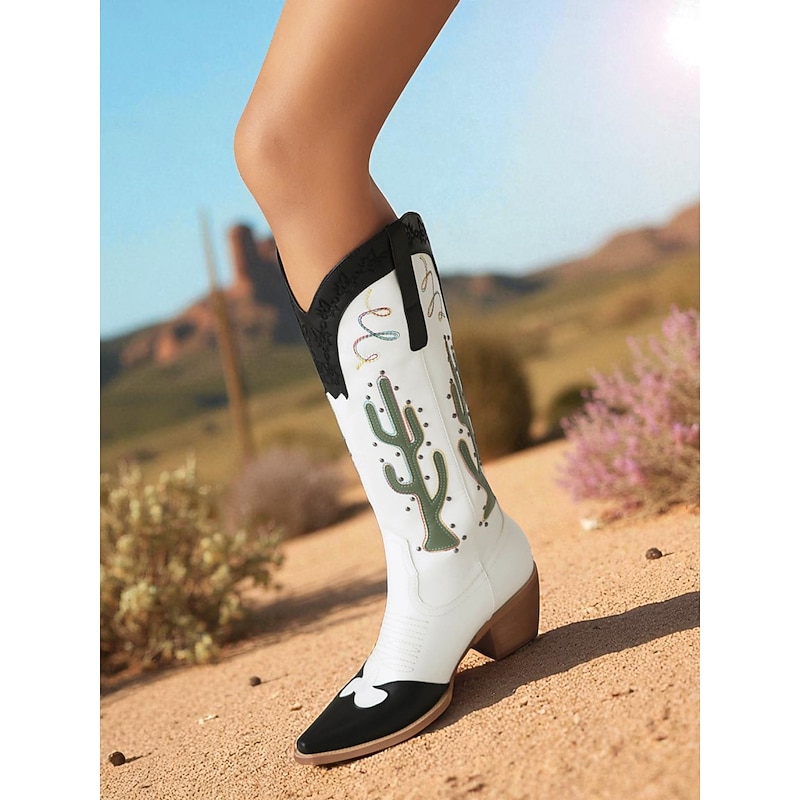 Women's Western Cowboy Boots with Cactus Embroidery, Pointed Toe and Chunky Heel for Rodeos and Western Festivals4