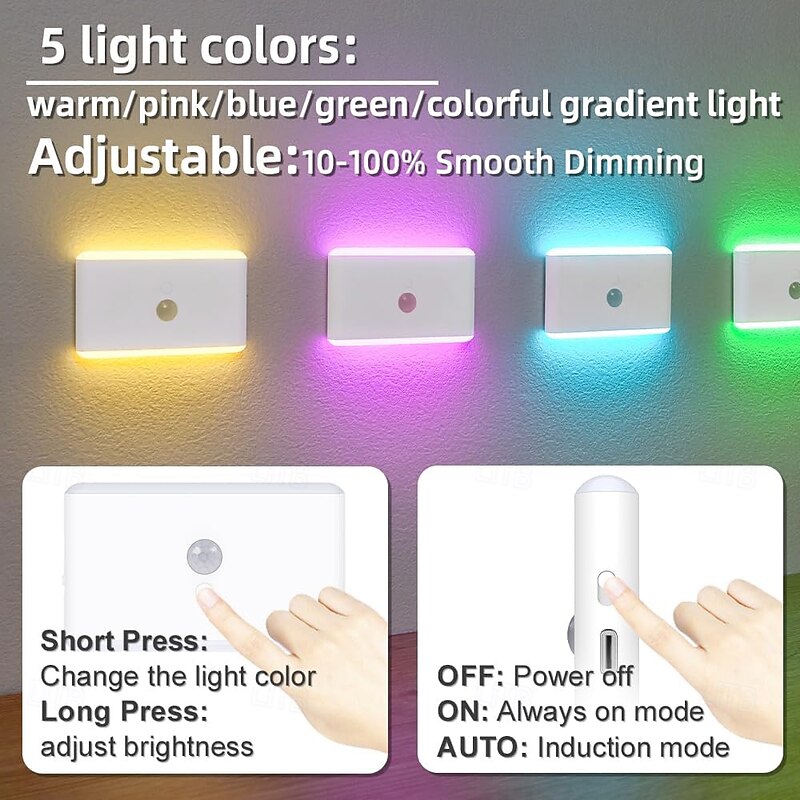 Rechargeable Led Night Light Dimmable Color Changing Stair Lights Indoor Motion Sensor Light Indoor RGB Nightlights for Hallway Bedroom Kids Room Kitchen Stairway BathroomToilet3