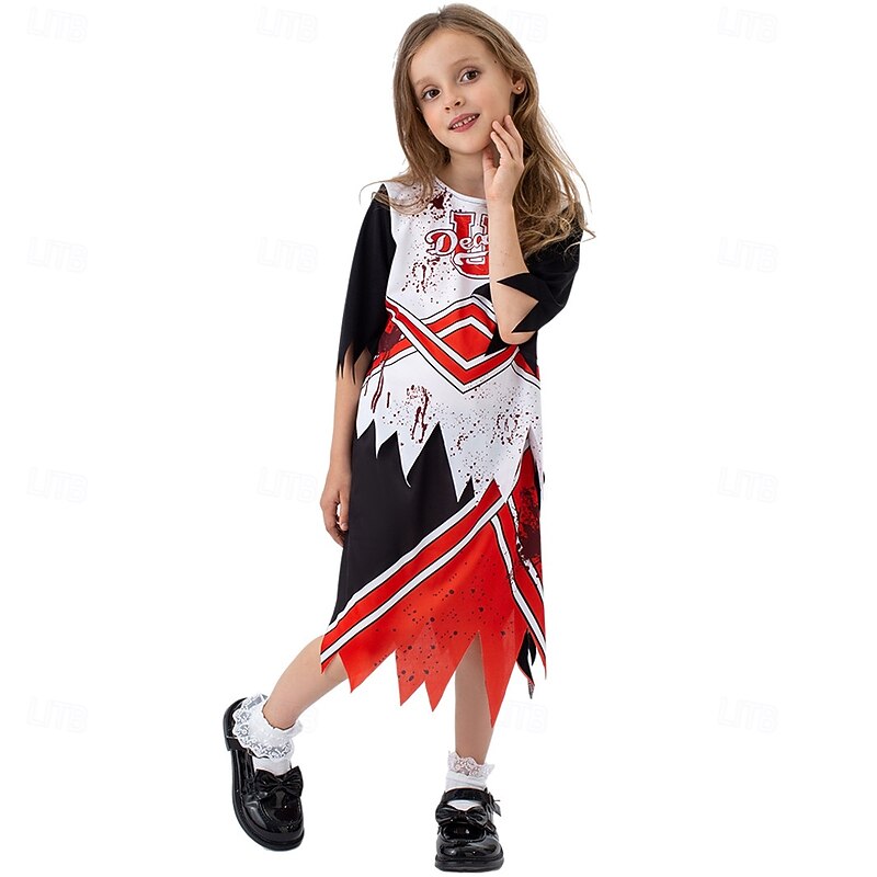Zombie Cheerleader Halloween Dress Fancy Costume Horror Scary Costume Kid's Girls' Halloween Carnival Performance Party Easy Halloween Costumes Dress Up2