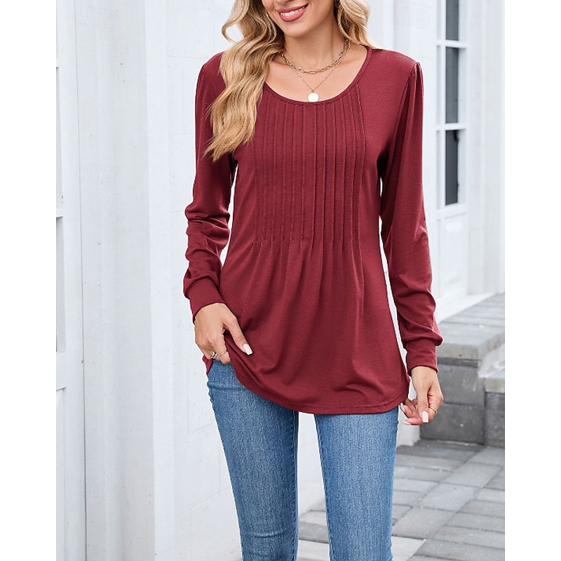 Women's Texture Blouse T Shirt Plain Casual Long Sleeve Crew Neck Regular Tops Going out Weekend Black White Pink Wine Fall