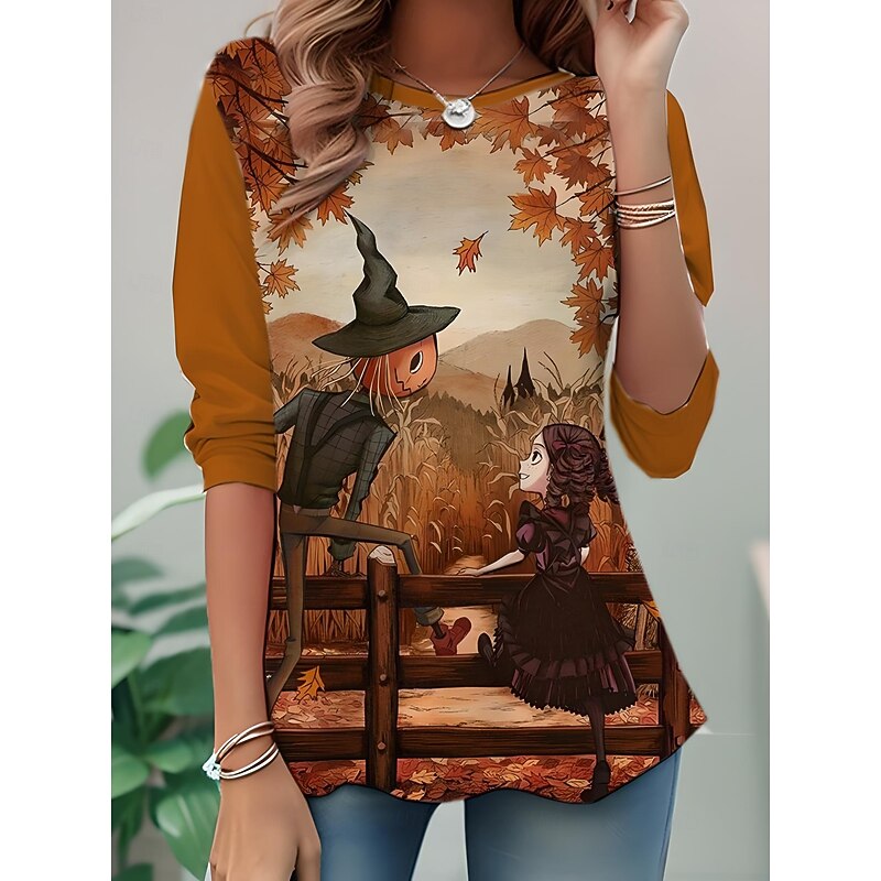 Halloween Women's T shirt Witch Crew Neck Long Sleeve Tunic Graphic Skull Cat Vintage Stylish Round Neck Regular Tops Daily Print Yellow Blue Orange Green Fall Winter