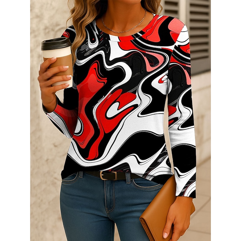 Women's T Shirt Graphic Geometric Color Block Vintage Stylish Classic Long Sleeve Crew Neck Regular Tops Daily Print Yellow Pink Red Blue Spring Fall Winter