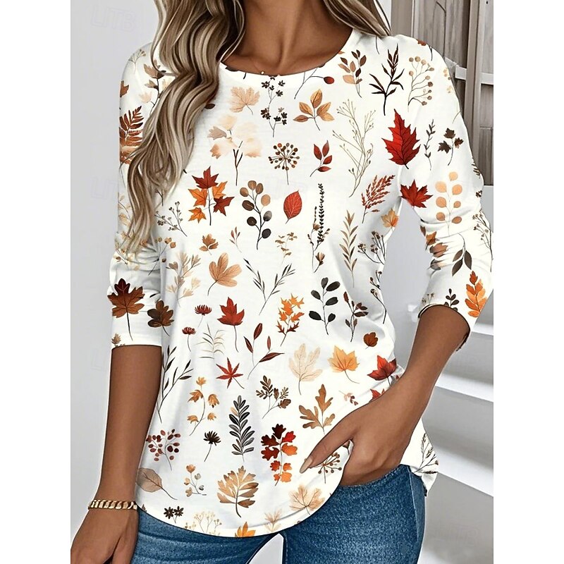 Women's T Shirt Floral Graphic Gradient Elegant Vintage Stylish Long Sleeve Crew Neck Regular Tops Daily Going out Weekend Print White Yellow Light Brown Purple Brown Spring, Fall, Winter, Summer2