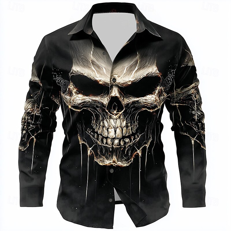Halloween Men's Skull Death Shirt Button Up Shirt Long Sleeve Dark Punk Gothic Style Outdoor Holiday Summer Spring Turndown 3D Print Collared Shirts Black 1 Black