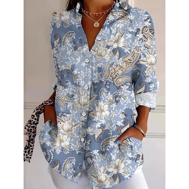 Women's Shirt Button Down Tunic Shirt Collar Long Sleeve Graphic Abstract Daily Stylish Modern Regular Tops Work Daily Holiday s Print Yellow Navy Blue Blue Spring Fall2